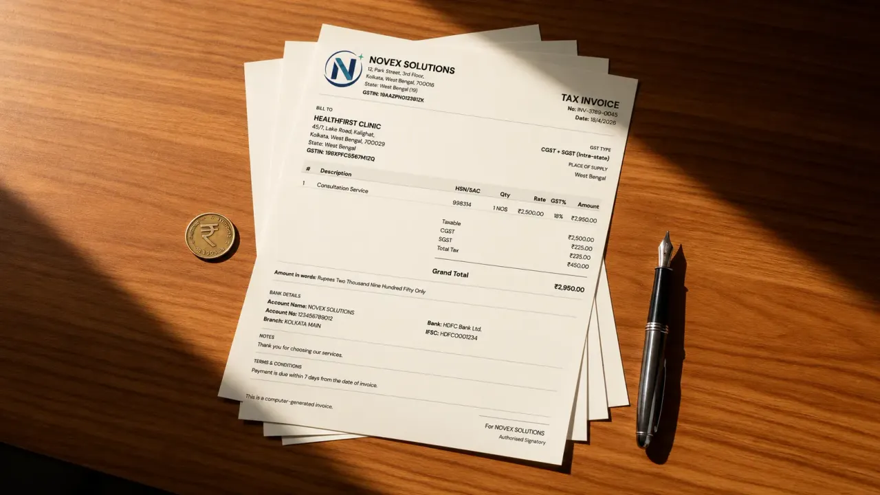 GST invoice papers on a wooden desk with rupee coin and pen